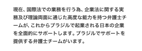 現在、国際法での業務を行う為、企業法に関する実務及び理論両面に通じた高度な能力を持つ弁護士チームが、これからブラジルで起業される日本の企業を全面的にサポートします。ブラジルでサポートを提供する弁護士チームがいます。
